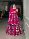 Pink rayon and printed silk lehenga choli set with matching dupatta