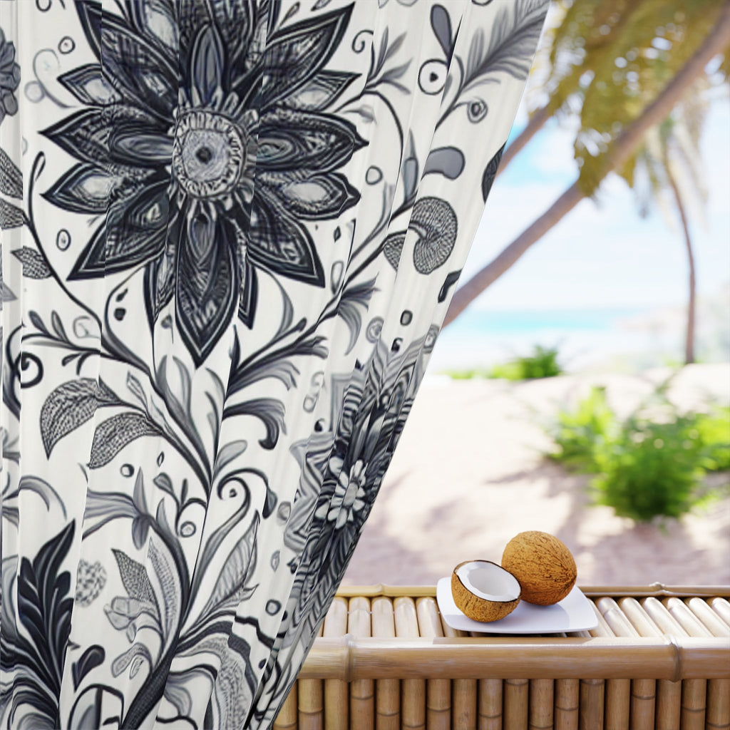 Black and White Floral Window Curtains, Elegant Bedroom Drapes