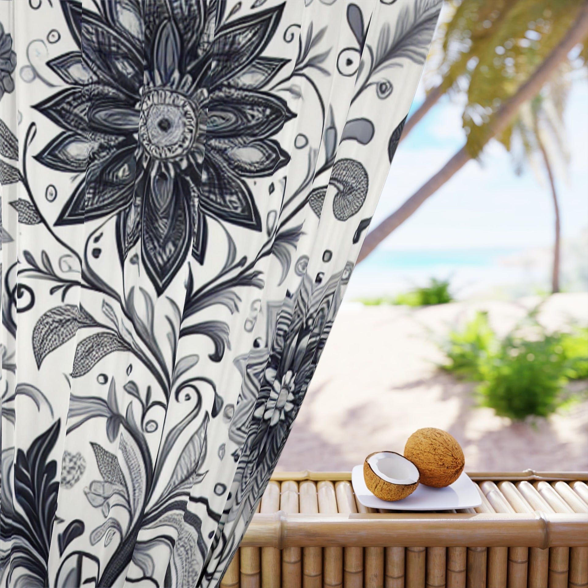 Black and White Floral Window Curtains, Elegant Bedroom Drapes