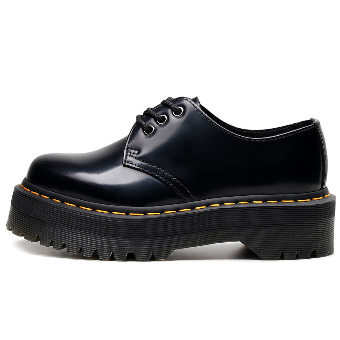 Women Black Low Top Platform Sneakers with Yellow Stitch Detail - Image 4