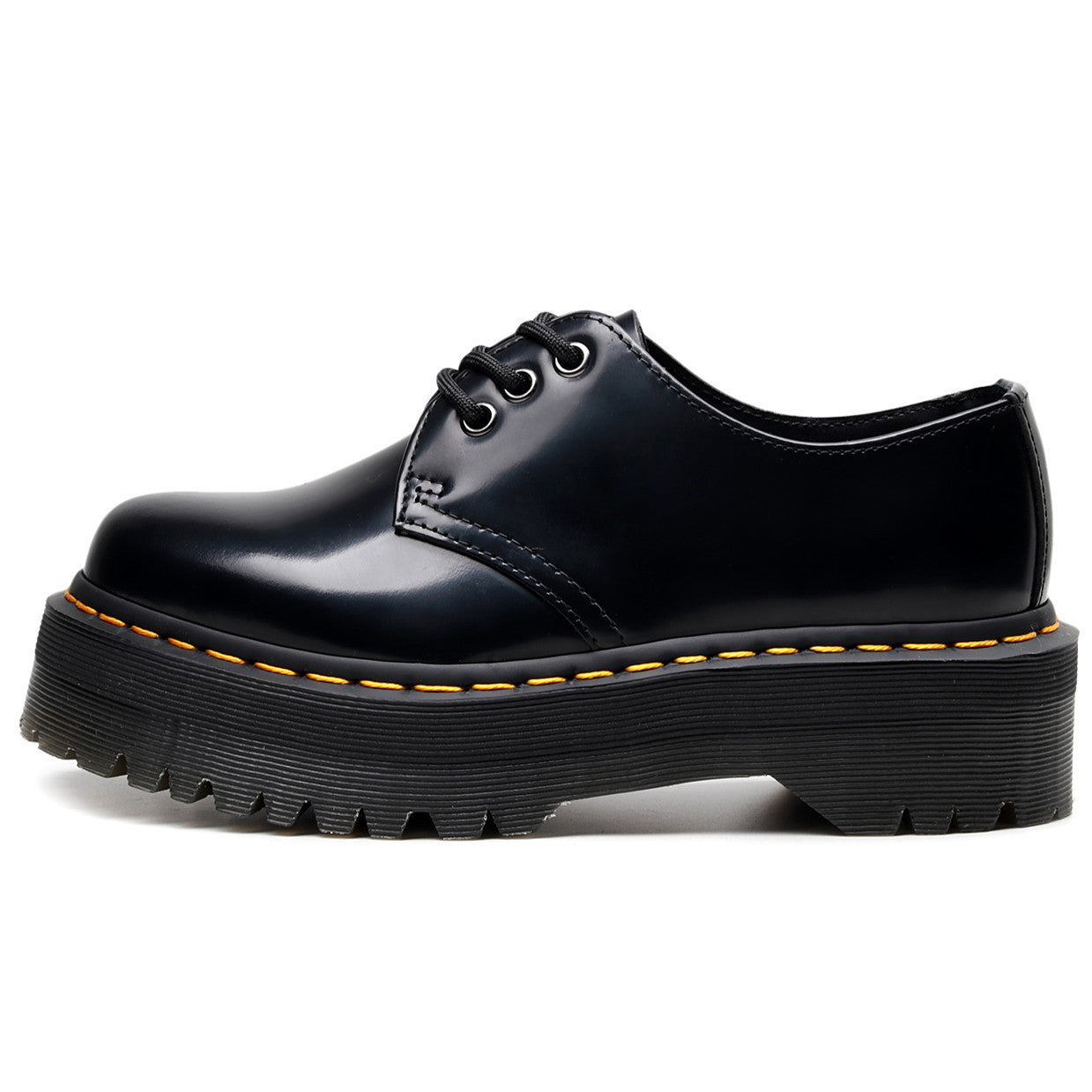 Women Black Low Top Platform Sneakers with Yellow Stitch Detail - Image 4