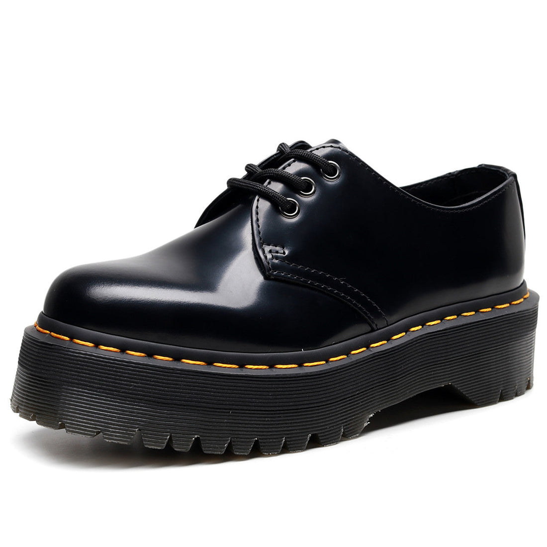 Women Black Low Top Platform Sneakers with Yellow Stitch Detail - Image 6