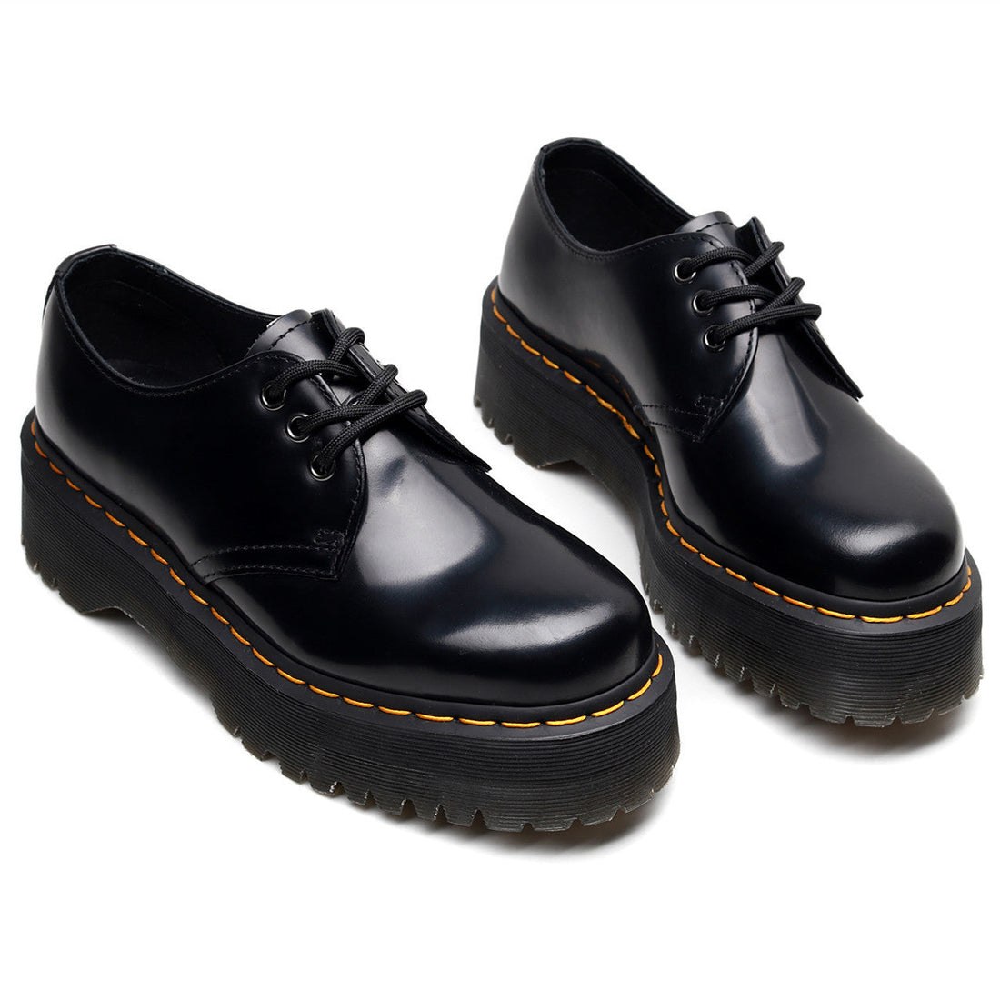 Women Black Low Top Platform Sneakers with Yellow Stitch Detail - Image 2