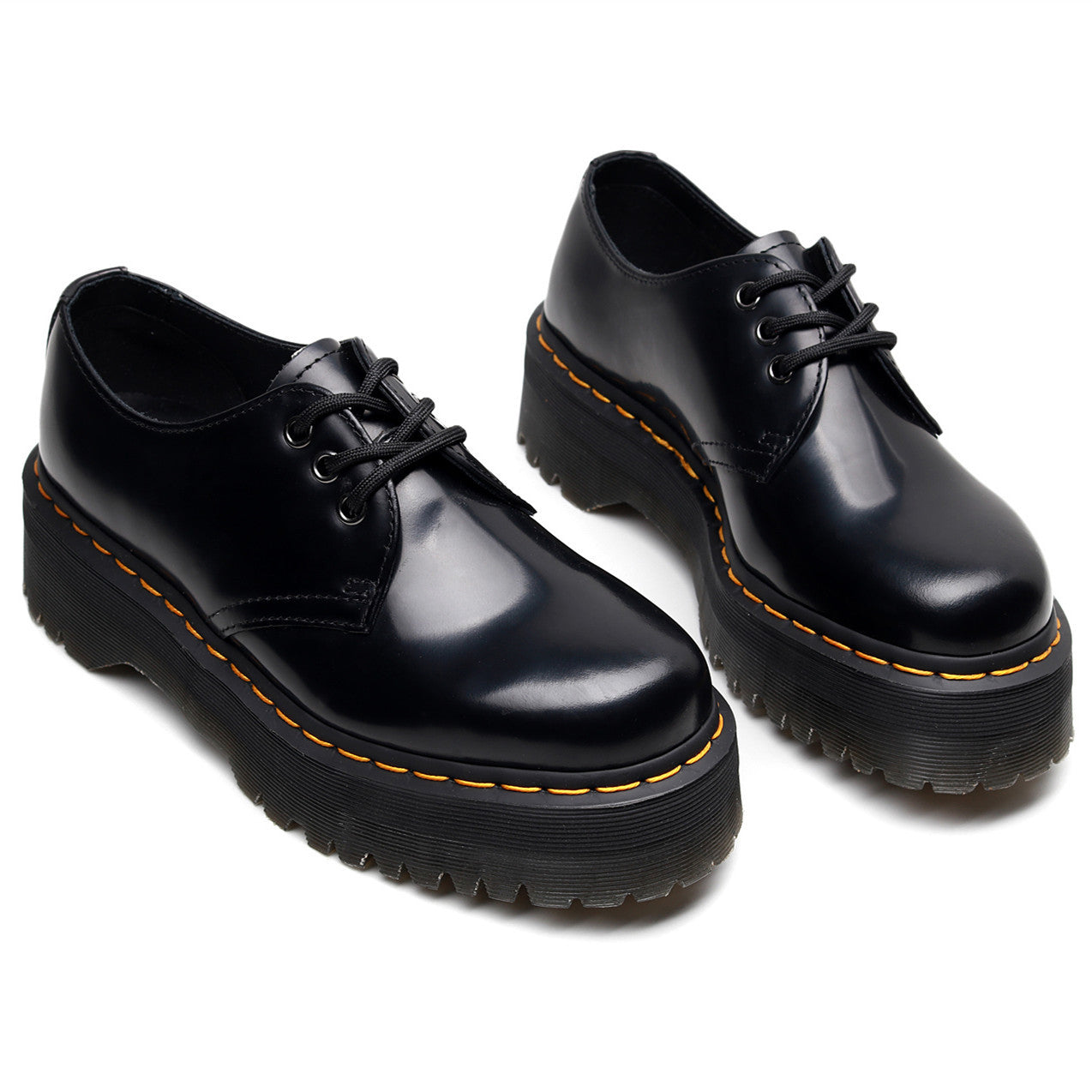 Women Black Low Top Platform Sneakers with Yellow Stitch Detail - Image 2