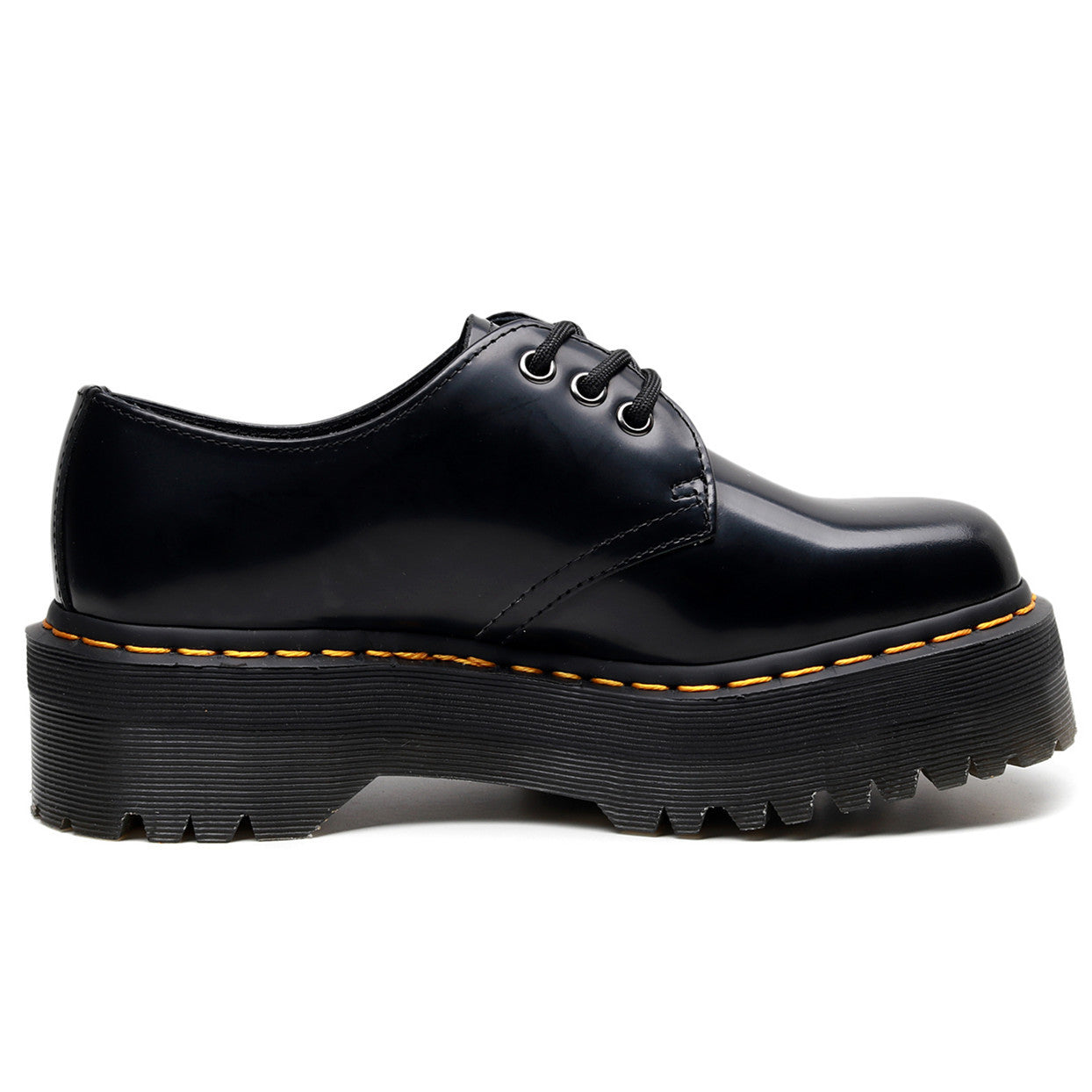 Women Black Low Top Platform Sneakers with Yellow Stitch Detail - Image 3