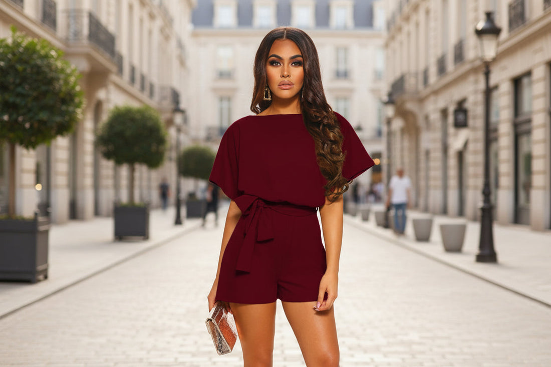 Short Sleeve Belted Mini Jumpsuit - Casual Soft Romper - Image 5
