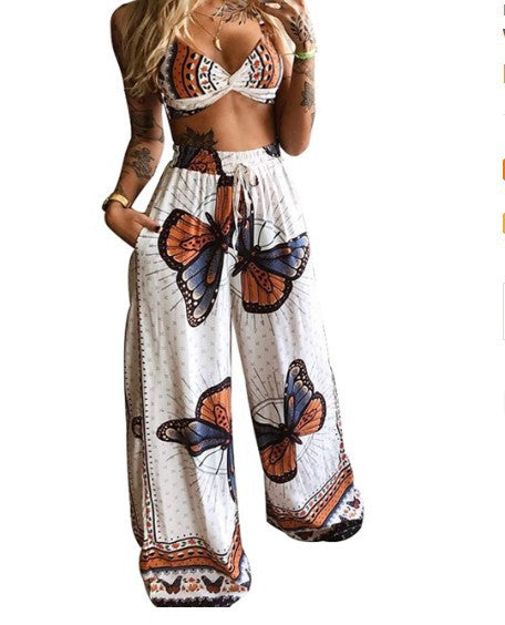 Women’s Feather Print Crop Top and Wide Leg Pants Set