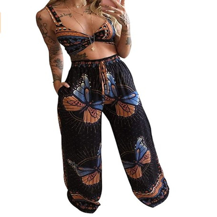 Women’s Feather Print Crop Top and Wide Leg Pants Set