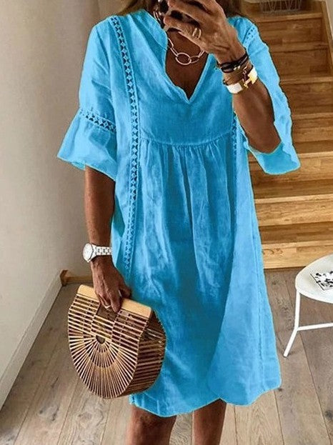 Women's Linen V-Neck A-Line Mini Dress with Flared Sleeves