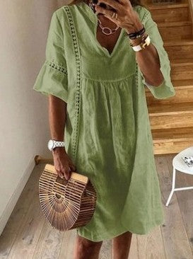 Women's Linen V-Neck A-Line Mini Dress with Flared Sleeves