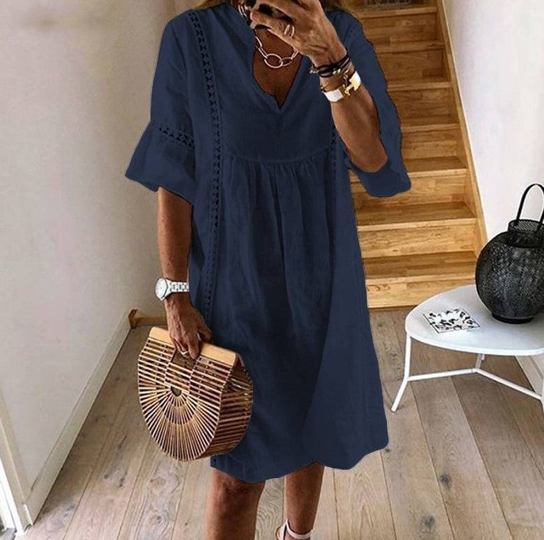Women's Linen V-Neck A-Line Mini Dress with Flared Sleeves
