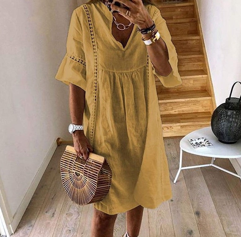 Women's Linen V-Neck A-Line Mini Dress with Flared Sleeves