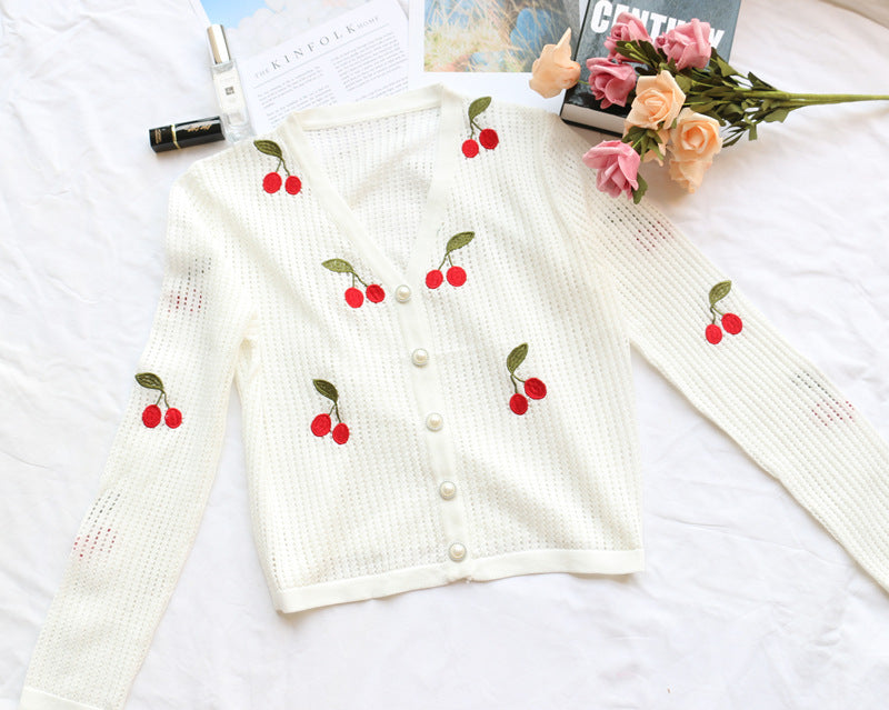 Romantic Crochet Cardigan with Cherry Embroidery
