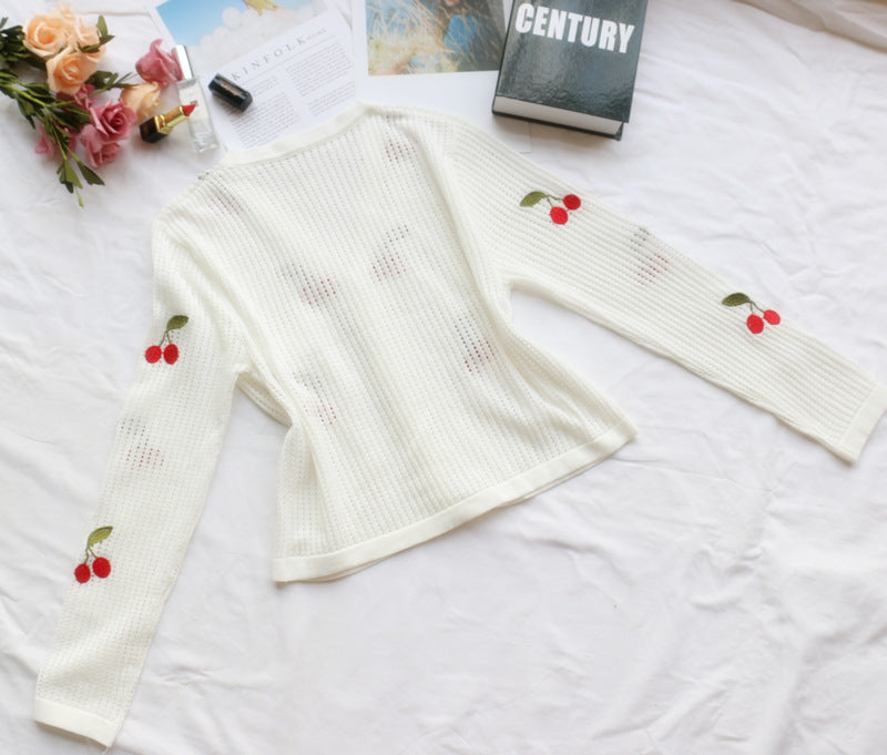 Romantic Crochet Cardigan with Cherry Embroidery