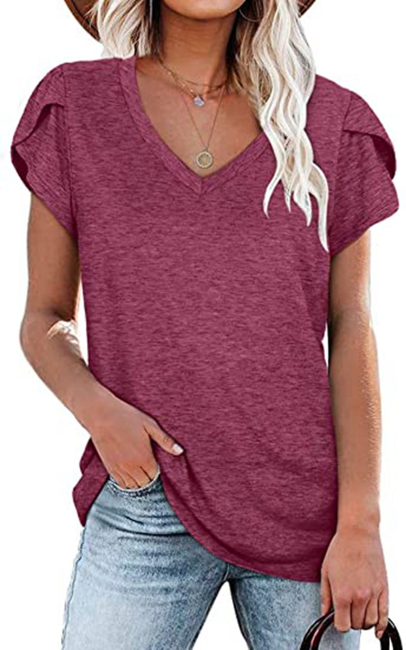 Women's V-Neck Petal Sleeve T-Shirt in Green Summer Casual Top - Image 11