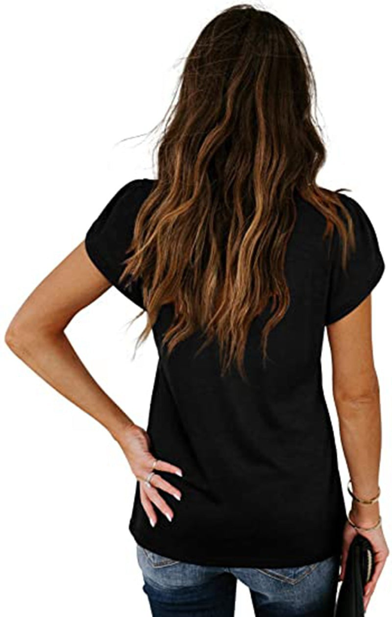 Women's V-Neck Petal Sleeve T-Shirt in Green Summer Casual Top - Image 4