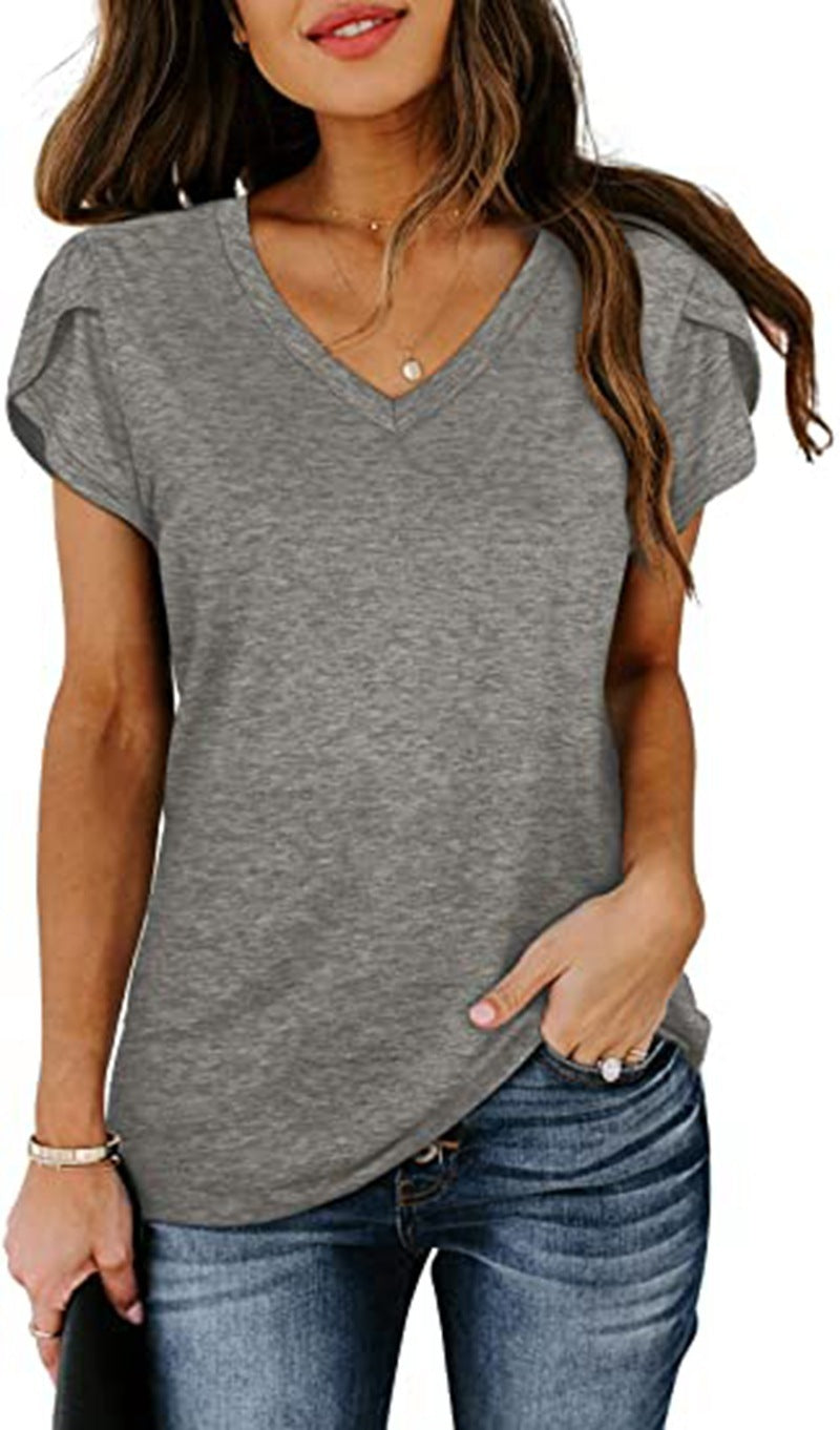 Women's V-Neck Petal Sleeve T-Shirt in Green Summer Casual Top - Image 8