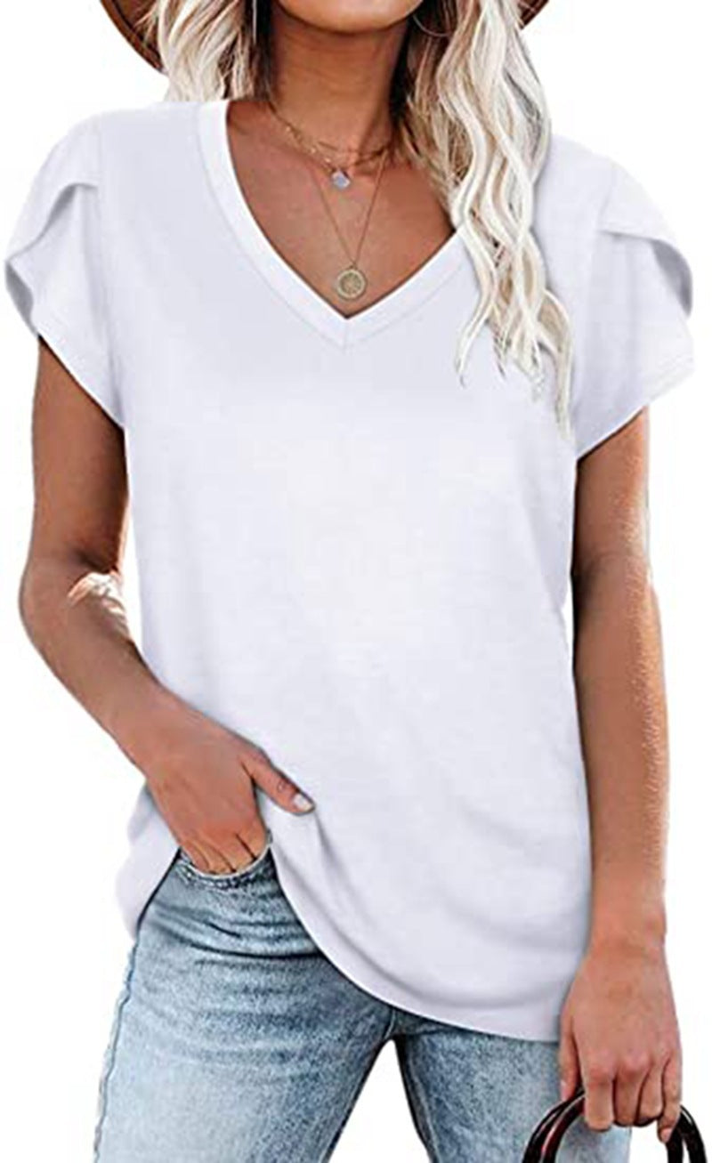 Women's V-Neck Petal Sleeve T-Shirt in Green Summer Casual Top - Image 12