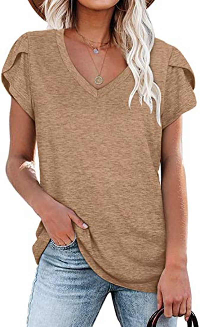 Women's V-Neck Petal Sleeve T-Shirt in Green Summer Casual Top - Image 9
