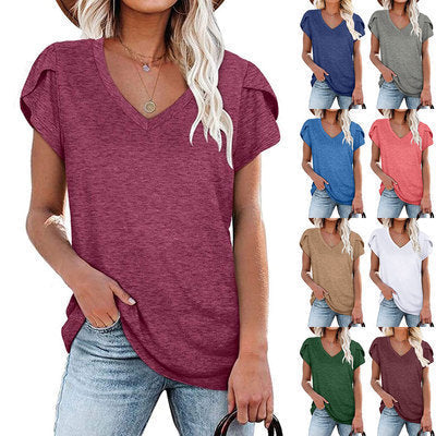 Women's V-Neck Petal Sleeve T-Shirt in Green Summer Casual Top - Image 3