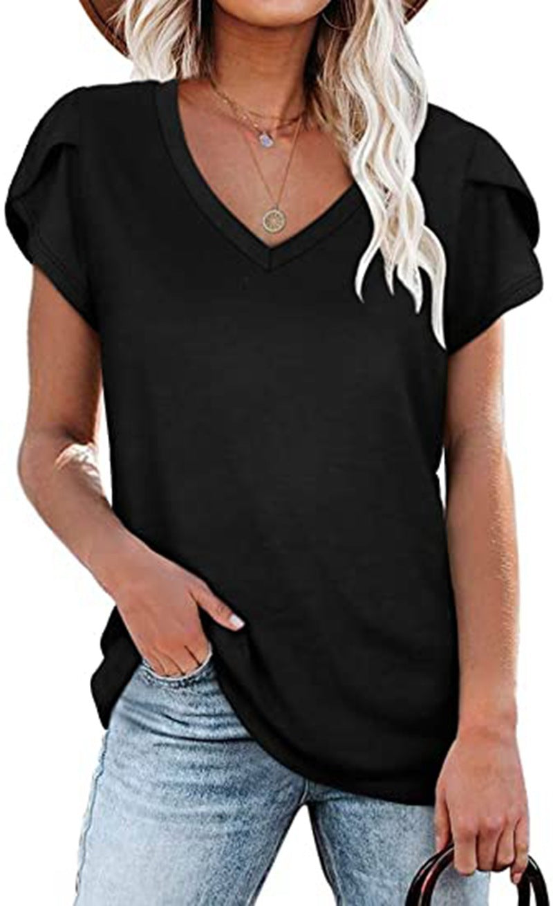 Women's V-Neck Petal Sleeve T-Shirt in Green Summer Casual Top - Image 5