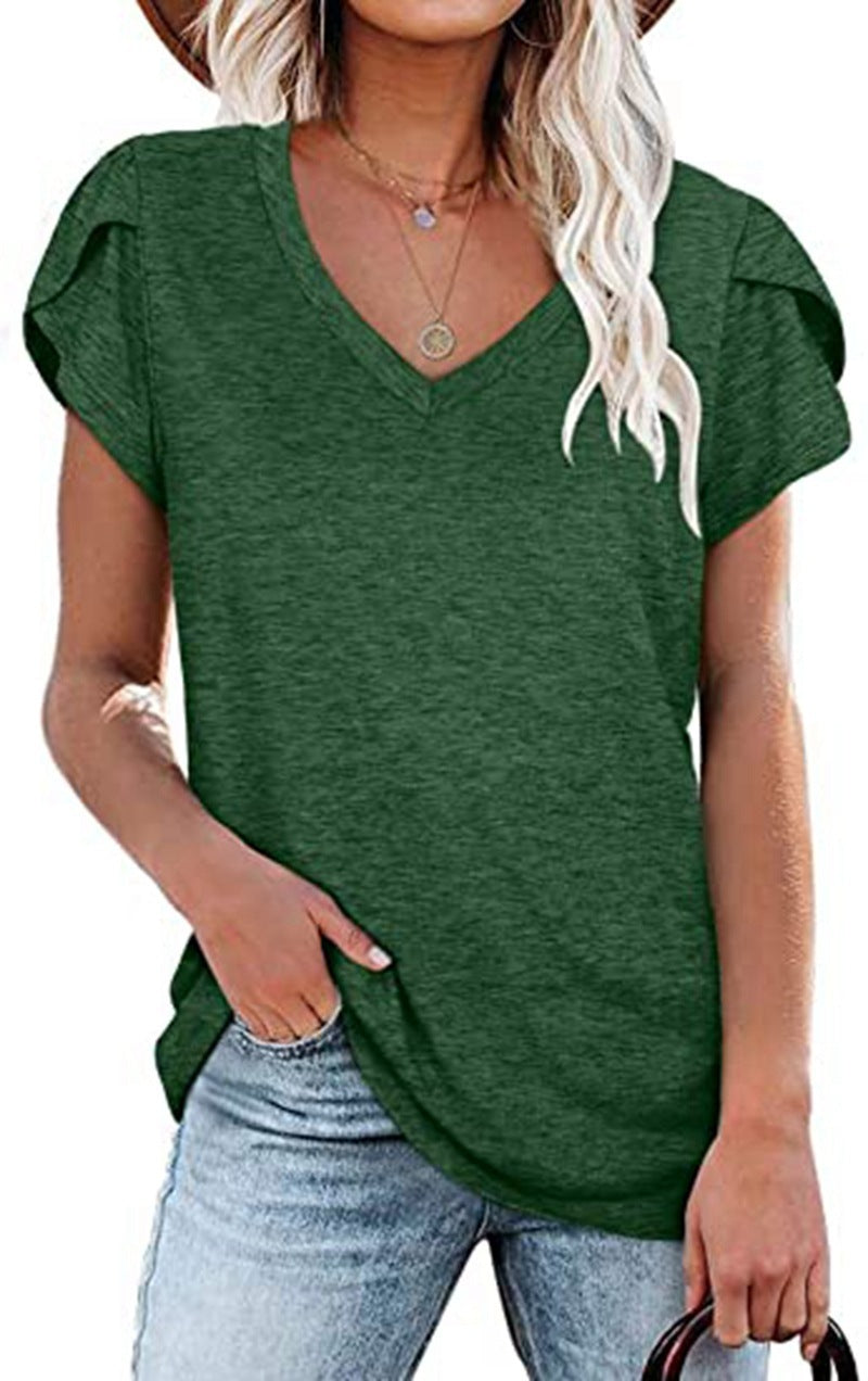 Women's V-Neck Petal Sleeve T-Shirt in Green Summer Casual Top - Image 2