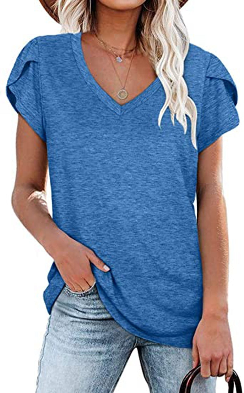 Women's V-Neck Petal Sleeve T-Shirt in Green Summer Casual Top - Image 6