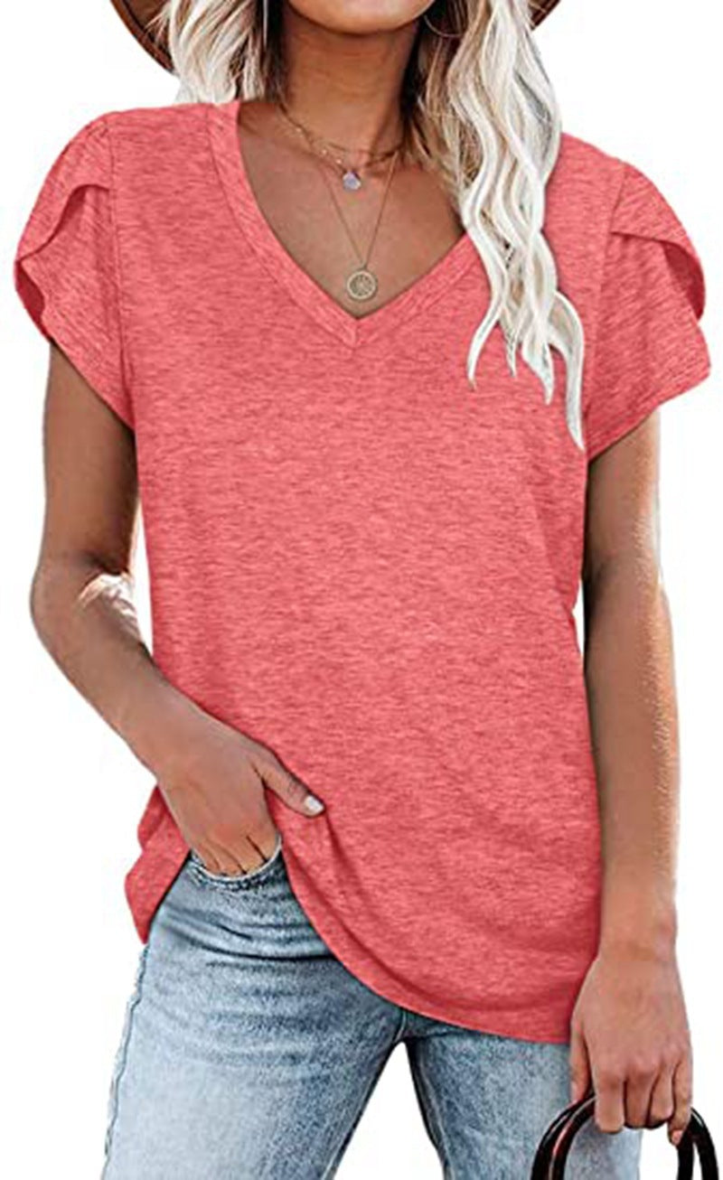 Women's V-Neck Petal Sleeve T-Shirt in Green Summer Casual Top - Image 10
