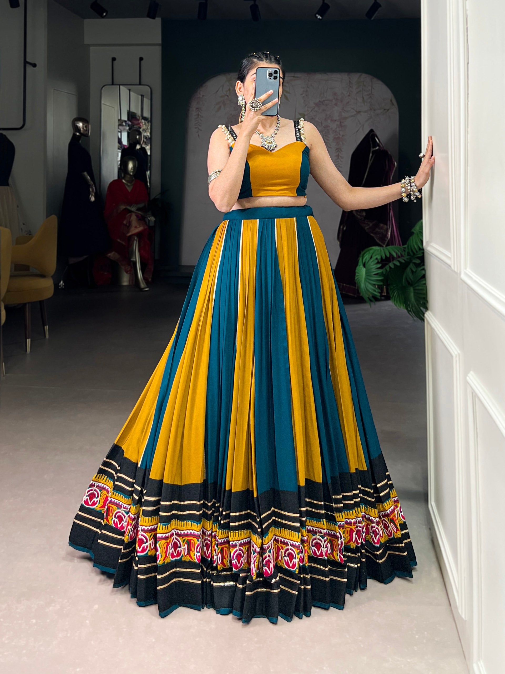 Multicolor Rayon lehenga choli with Gamthi work and Gota Patti lace