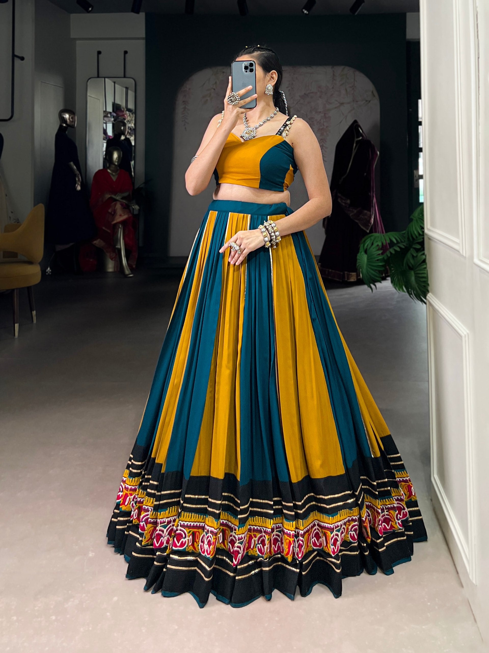 Multicolor Rayon Gamthi Work Lehenga Choli with Gota Patti