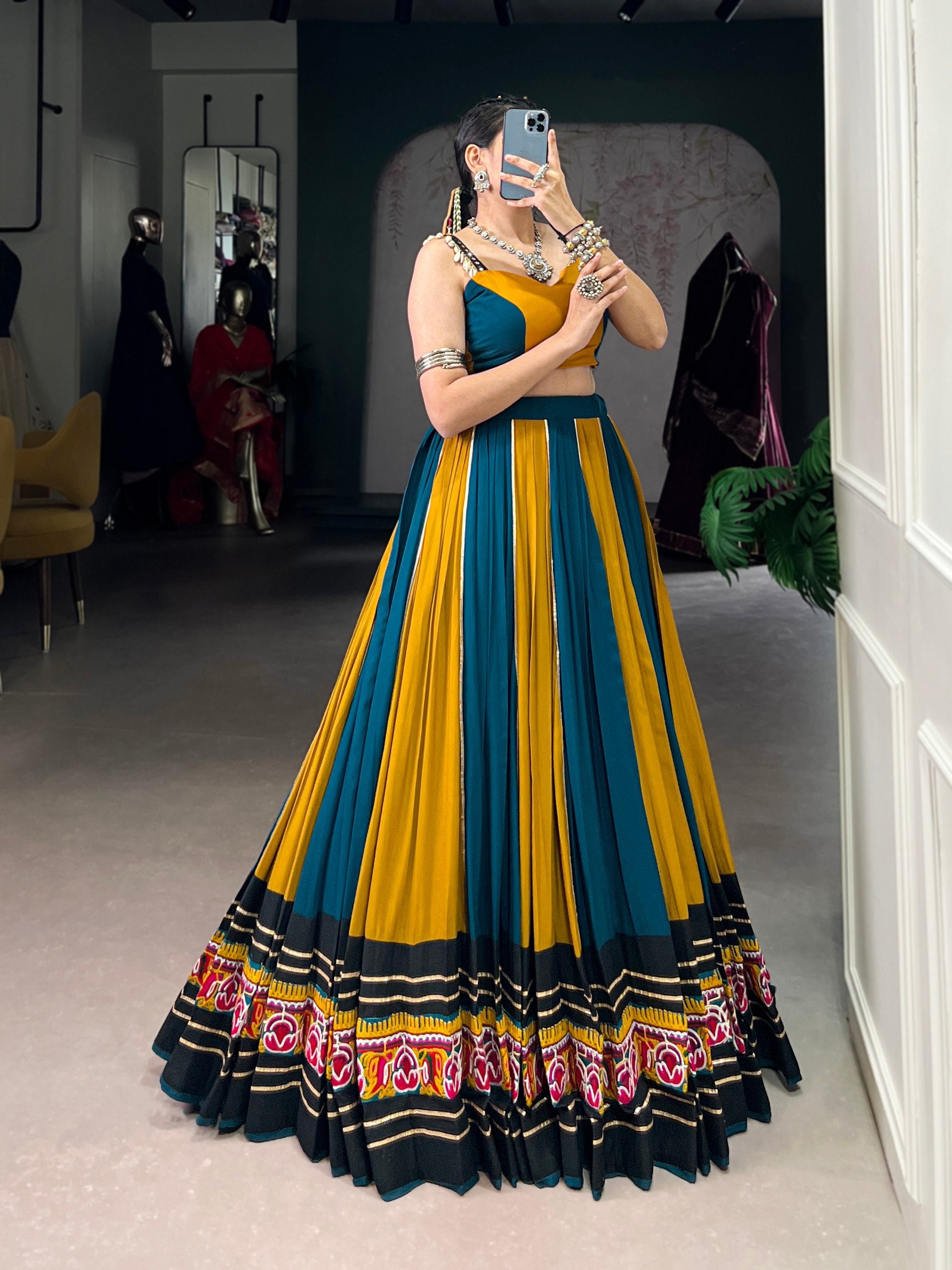 Multicolor Rayon Gamthi Work Lehenga Choli with Gota Patti
