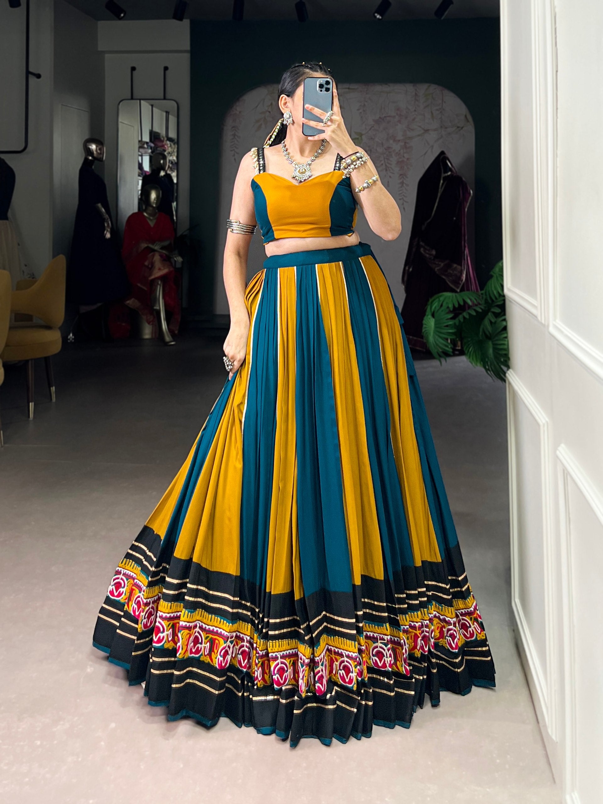 Multicolor Rayon Gamthi Work Lehenga Choli with Gota Patti
