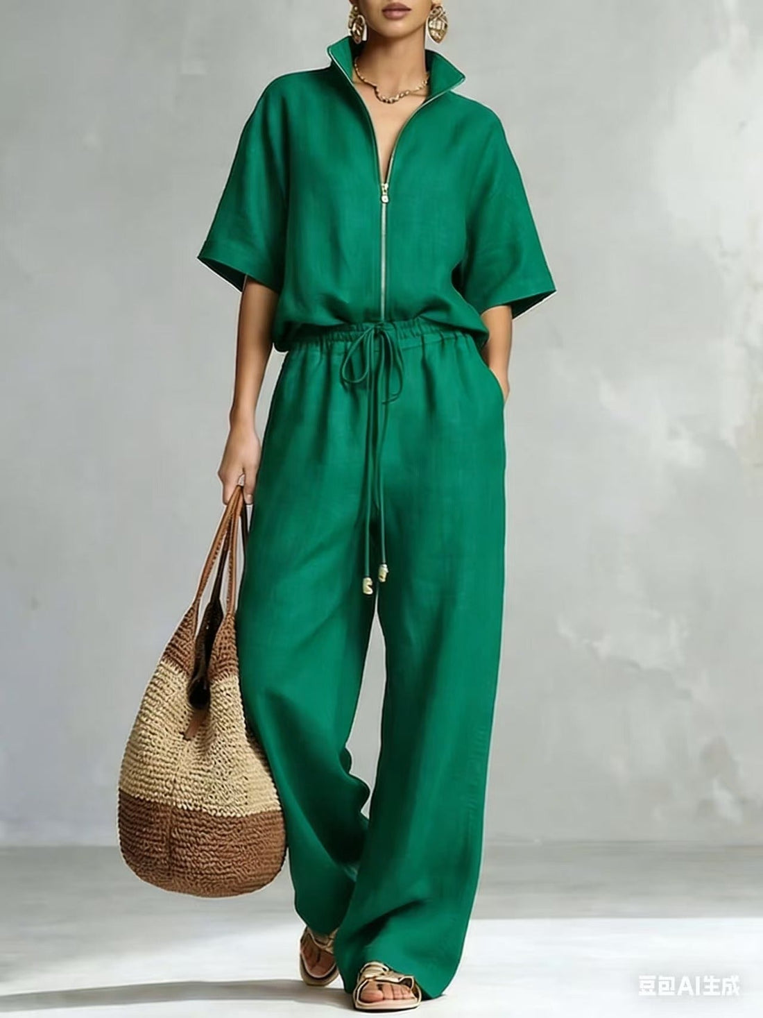 Women's Zip-Front Short Sleeve Top and Wide-Leg Pants Set - Image 8