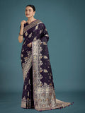 Dark Purple Banarasi Satin Silk Saree with intricate Zari woven detailing.