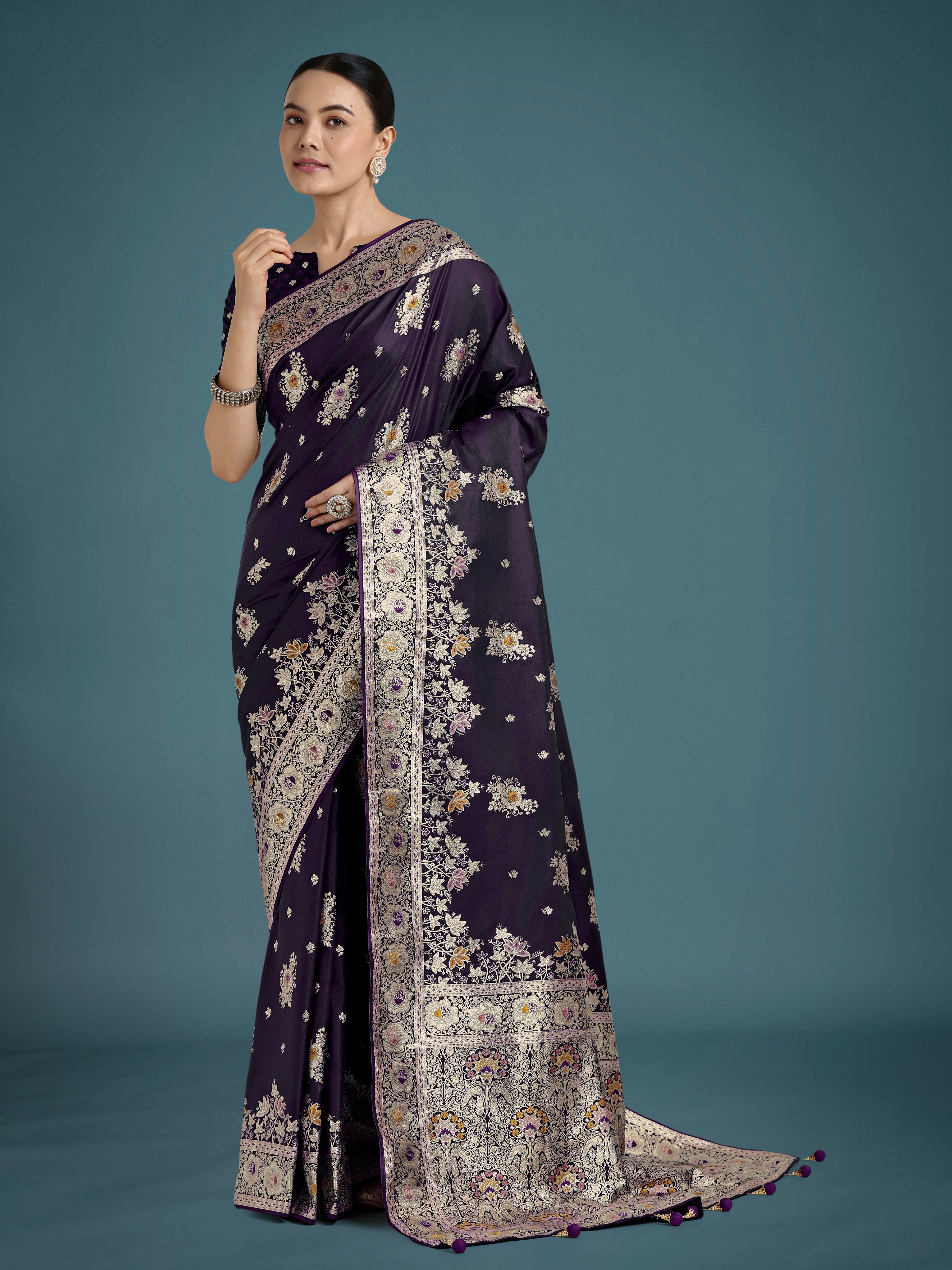 Dark Purple Banarasi Satin Silk Saree with intricate Zari woven detailing.
