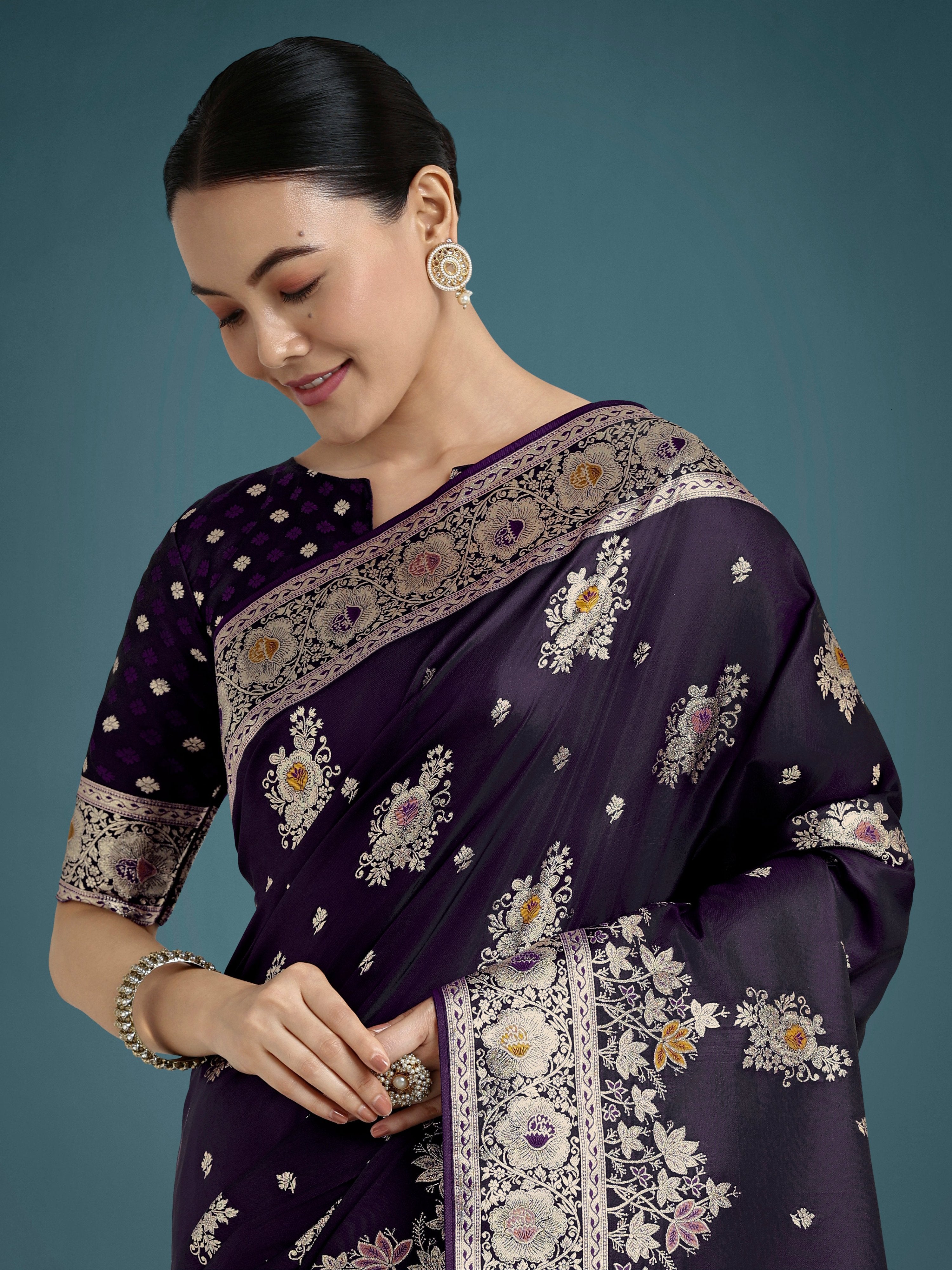Dark Purple Zari Woven Banarasi Satin Silk Saree for Glamour