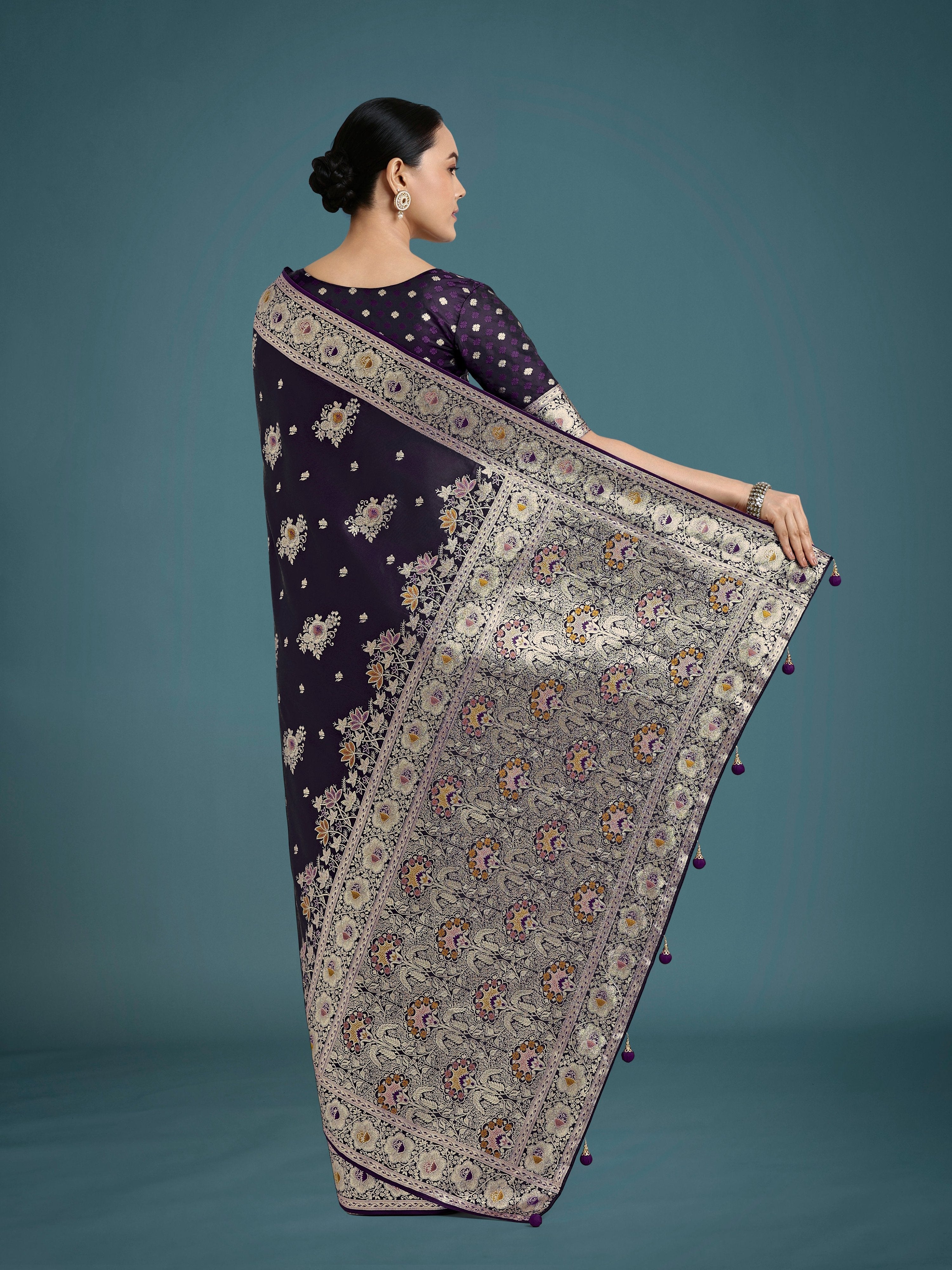 Dark Purple Zari Woven Banarasi Satin Silk Saree for Glamour