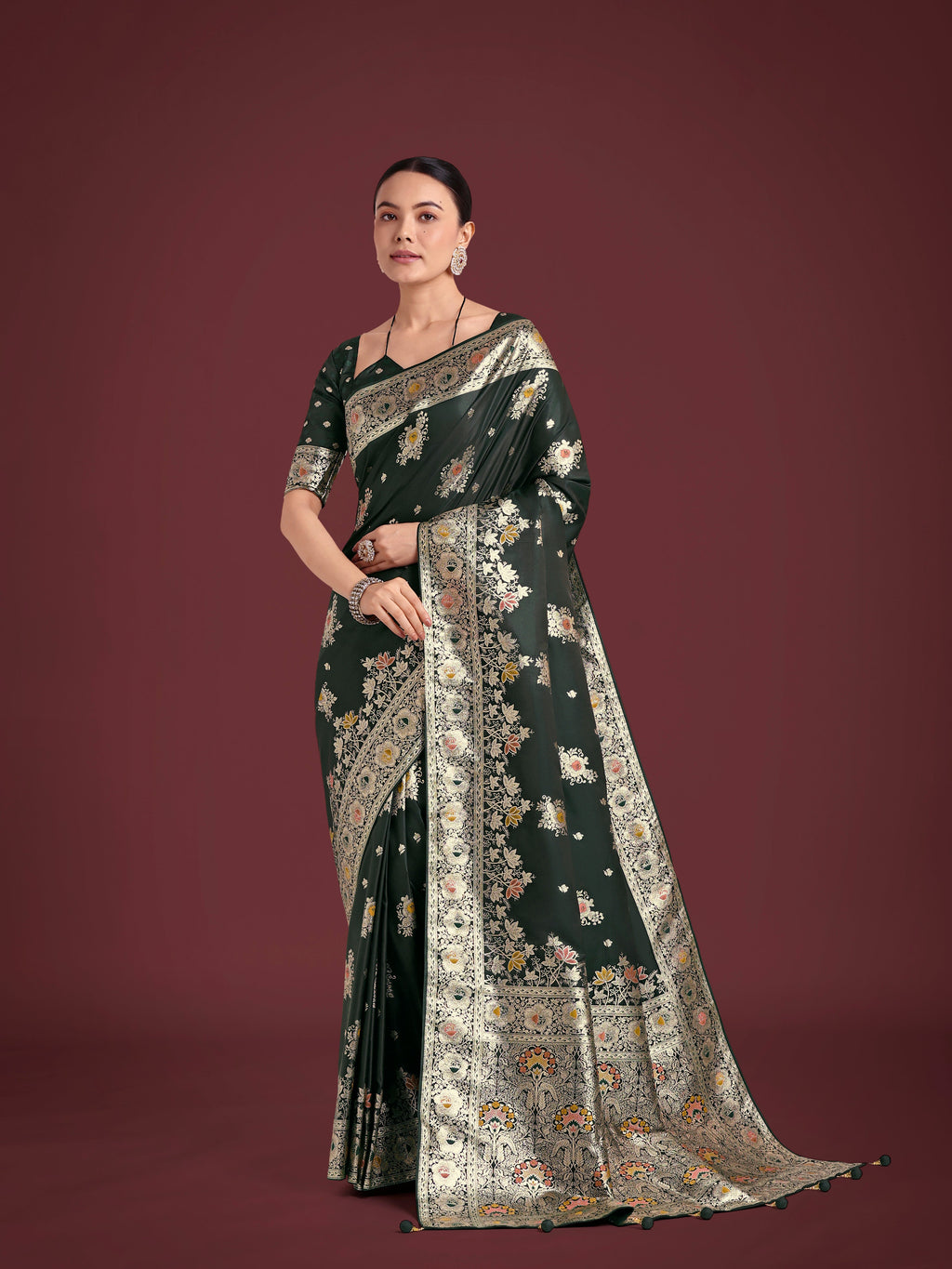 Dark Green Banarasi Satin Silk saree with intricate gold Zari woven patterns and soft drape