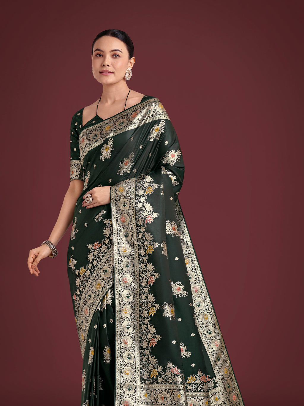 Dark Green Banarasi Satin Silk Saree with Traditional Zari Weave