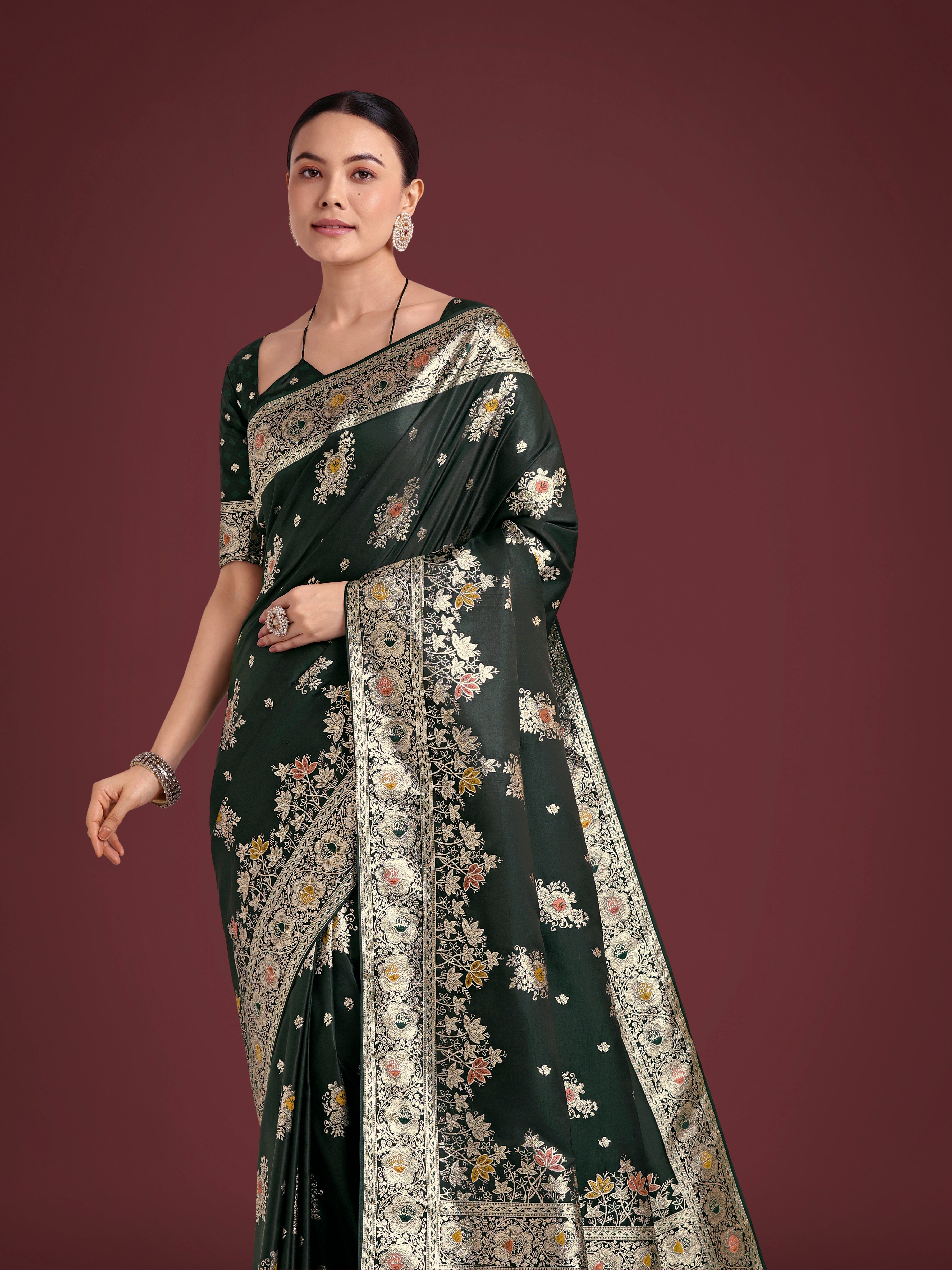 Dark Green Banarasi Satin Silk Saree with Traditional Zari Weave