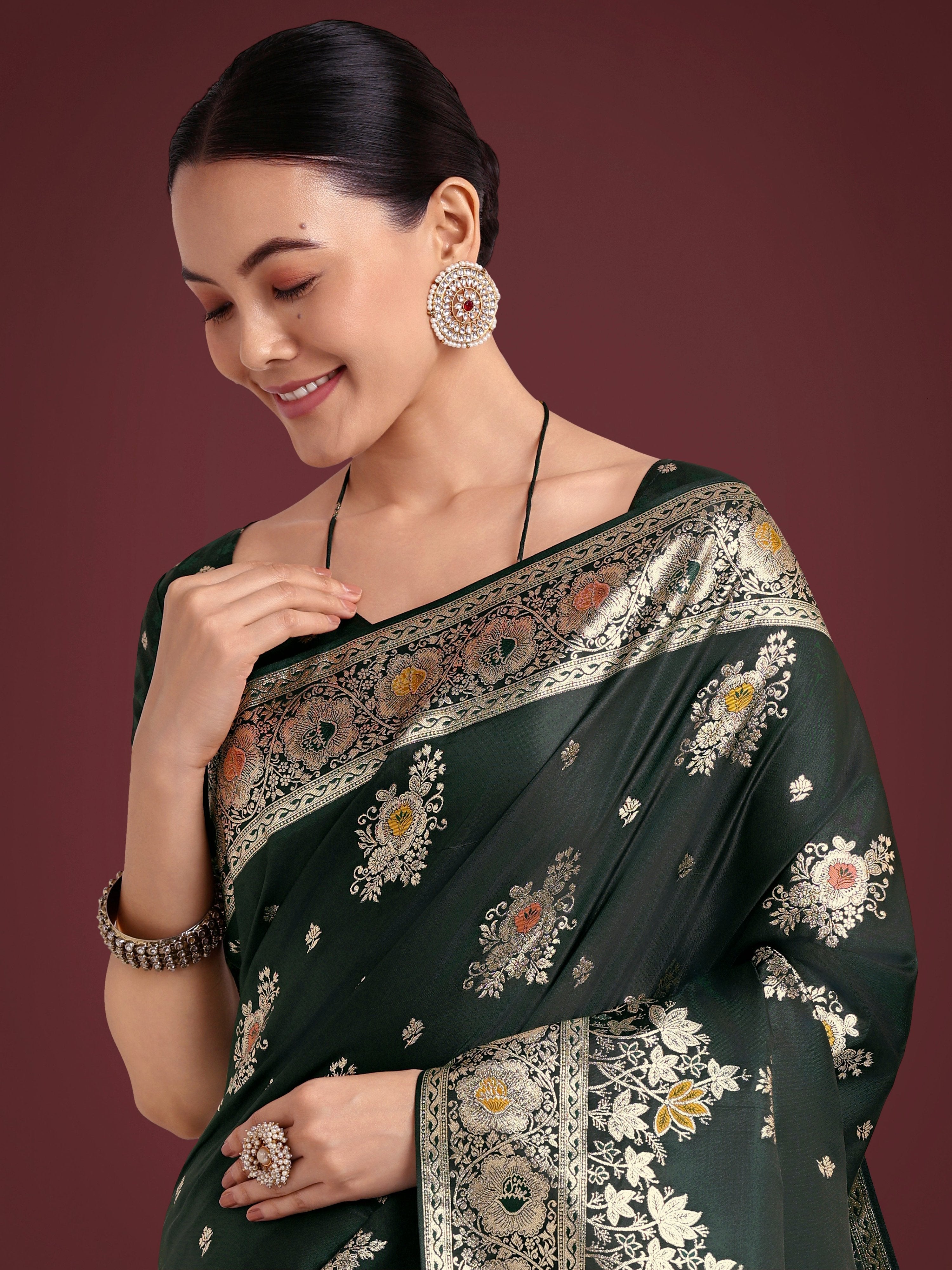 Dark Green Banarasi Satin Silk Saree with Traditional Zari Weave