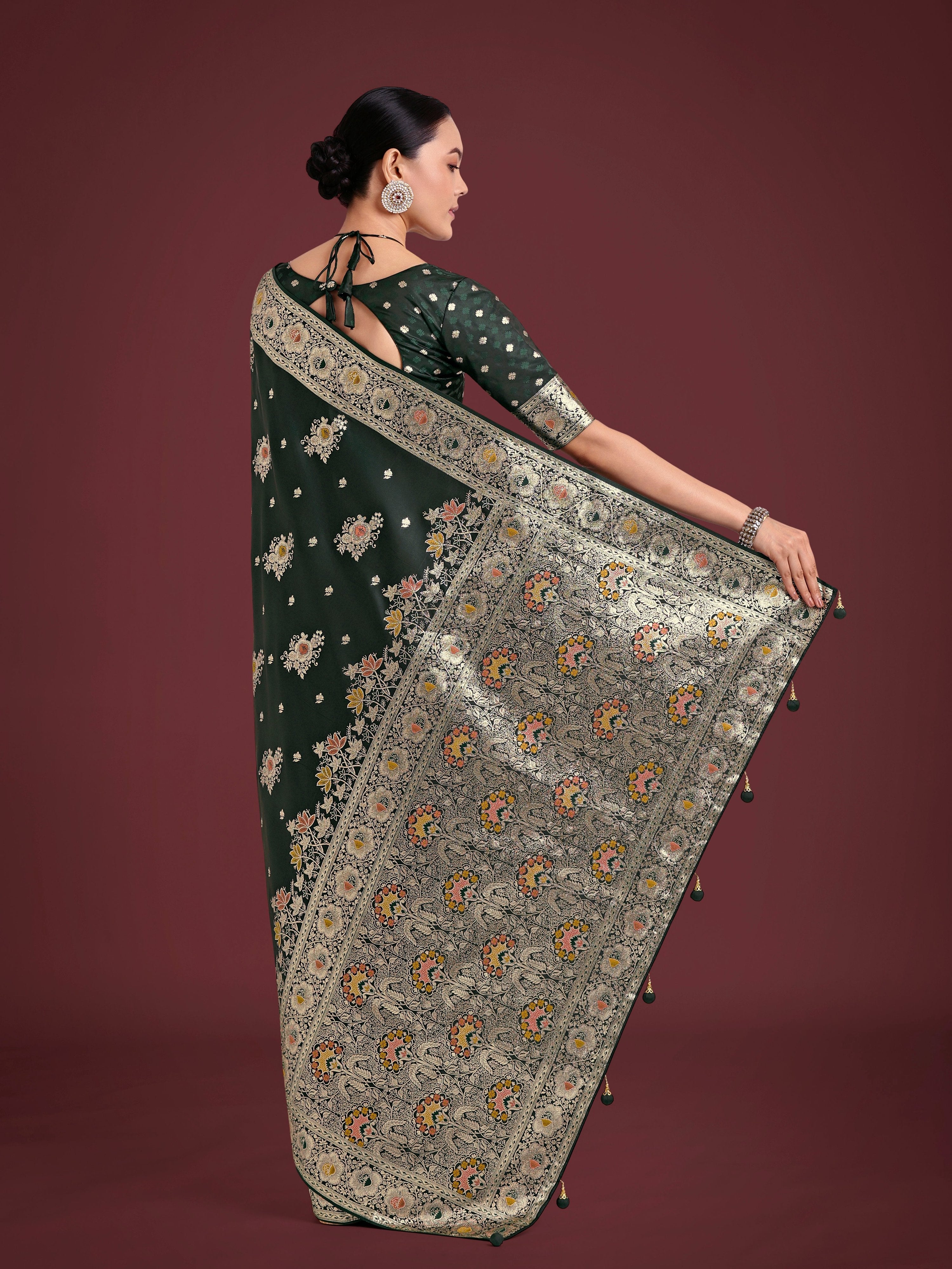 Dark Green Banarasi Satin Silk Saree with Traditional Zari Weave