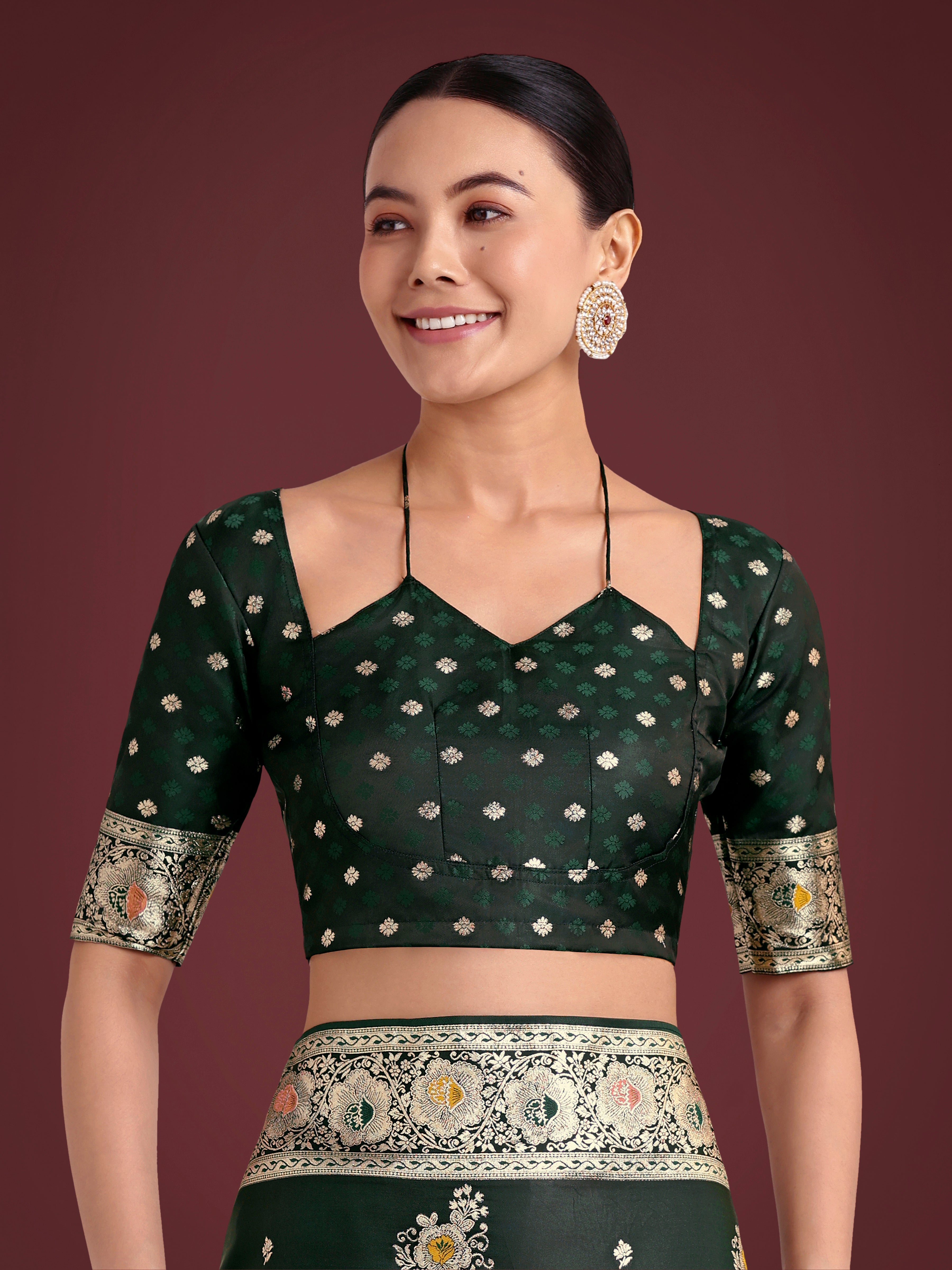 Dark Green Banarasi Satin Silk Saree with Traditional Zari Weave