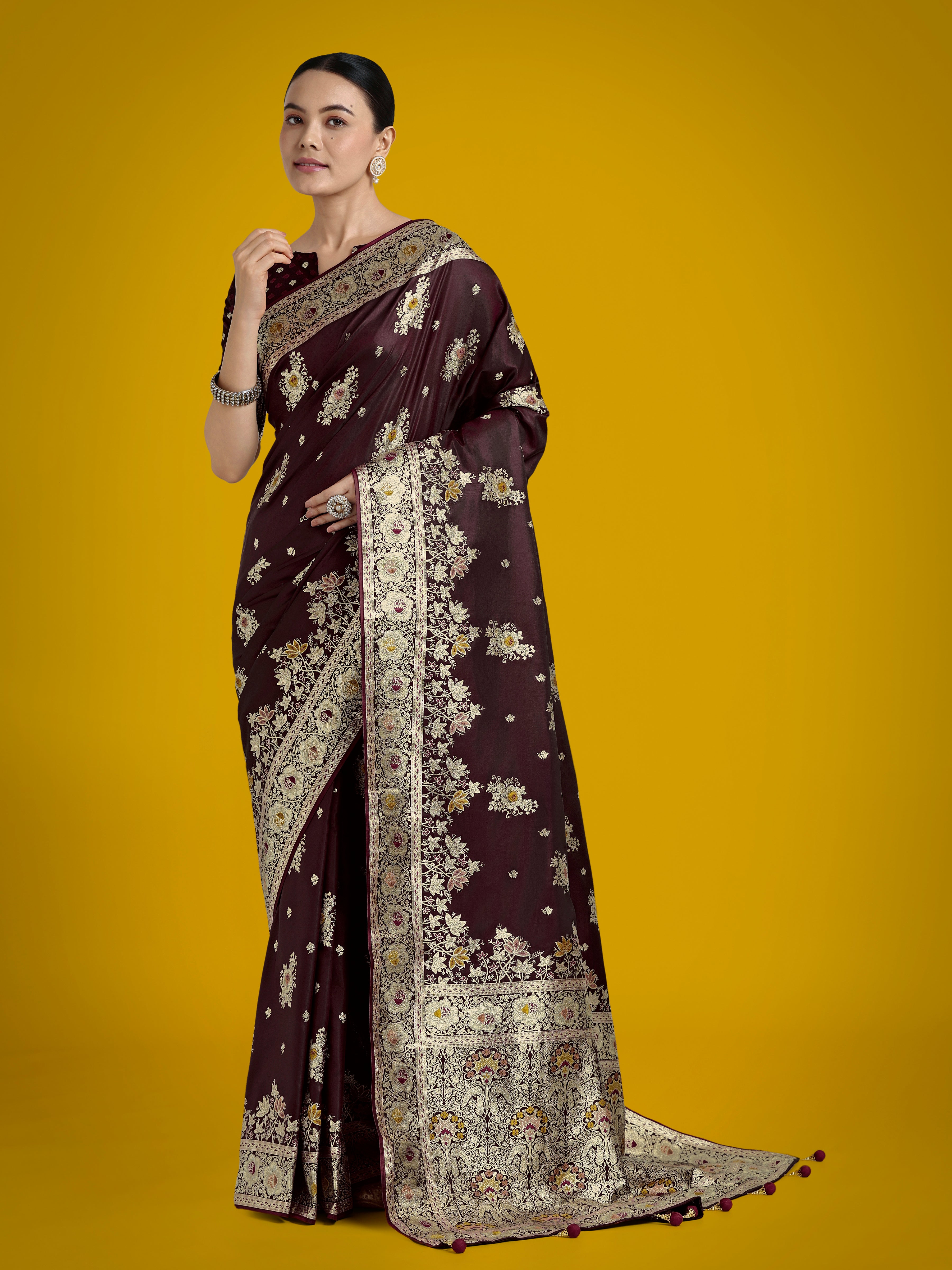 Dark maroon Banarasi satin silk saree with classic zari woven design