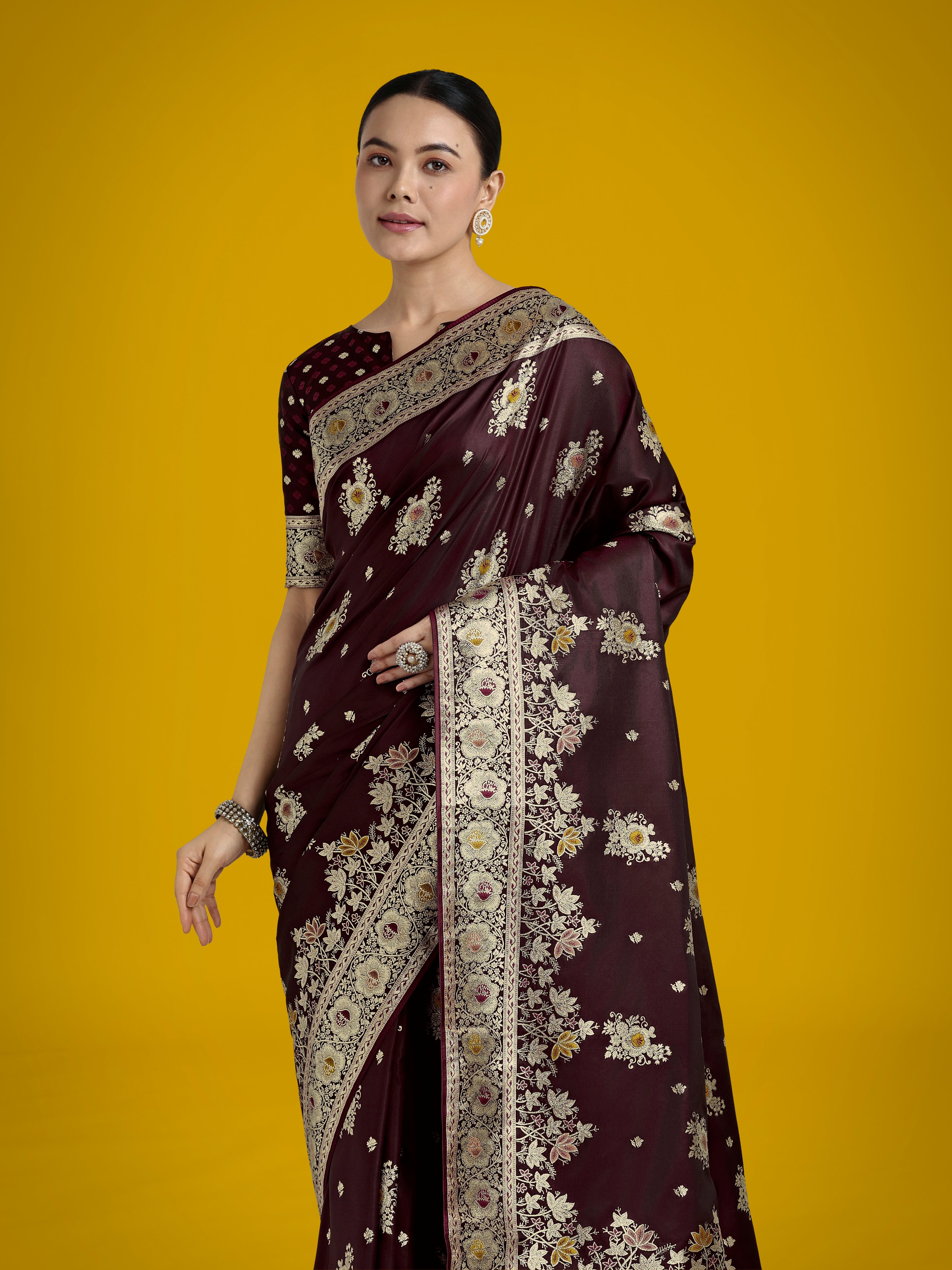 Dark Maroon Banarasi Satin Silk Saree with Traditional Zari Work