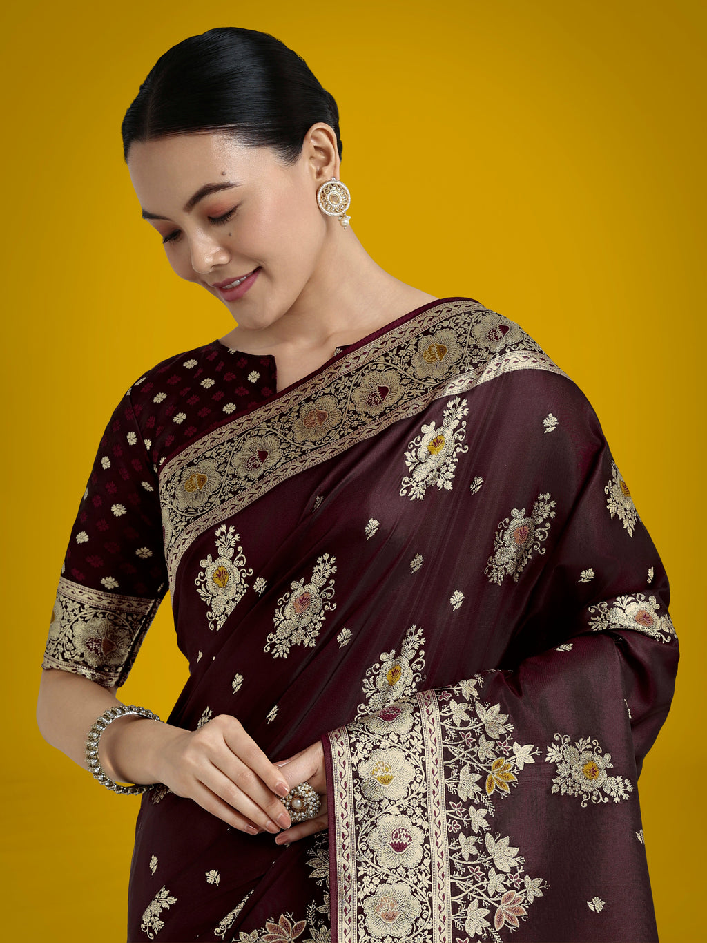 Dark Maroon Banarasi Satin Silk Saree with Traditional Zari Work