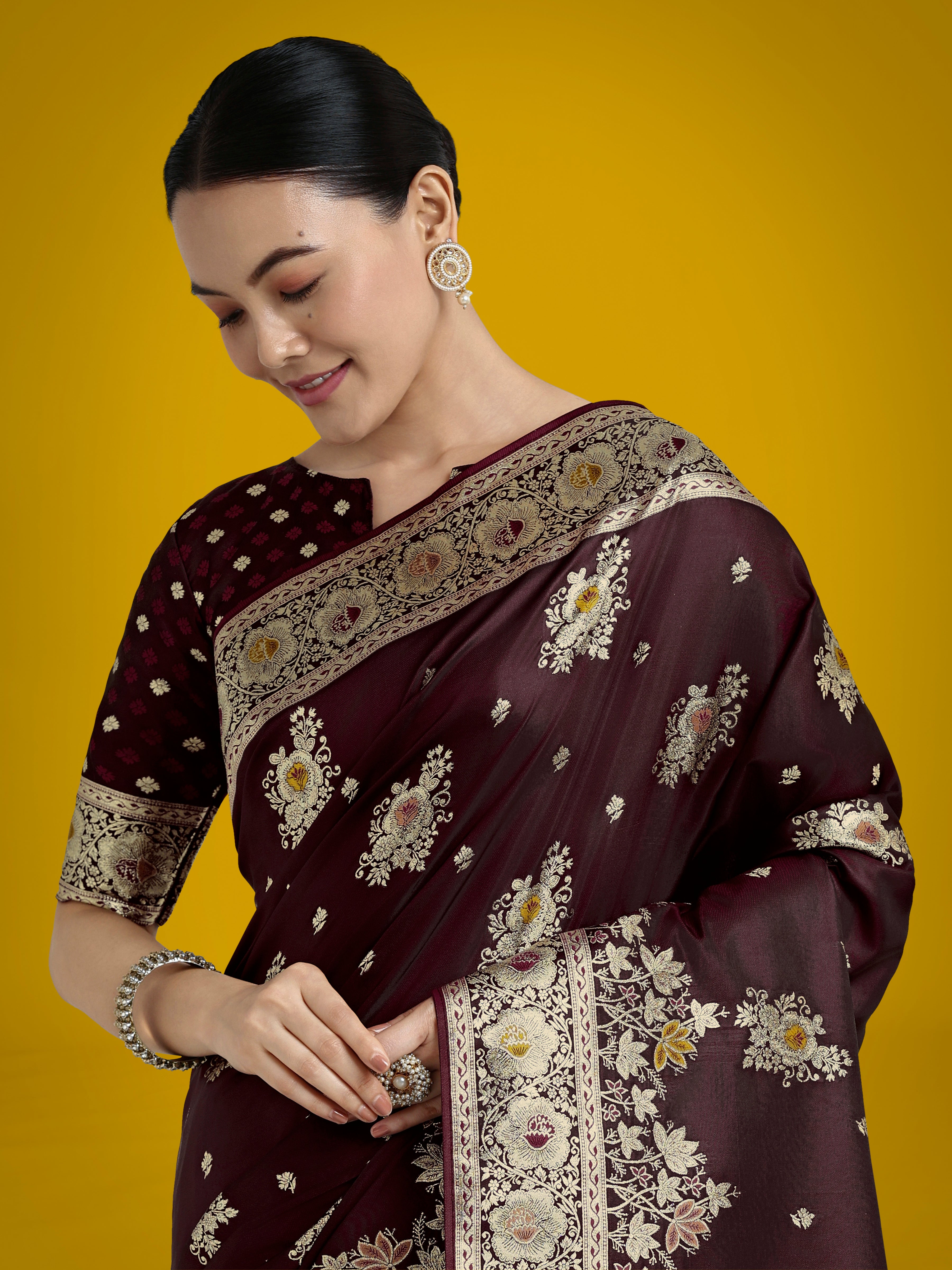 Dark Maroon Banarasi Satin Silk Saree with Traditional Zari Work