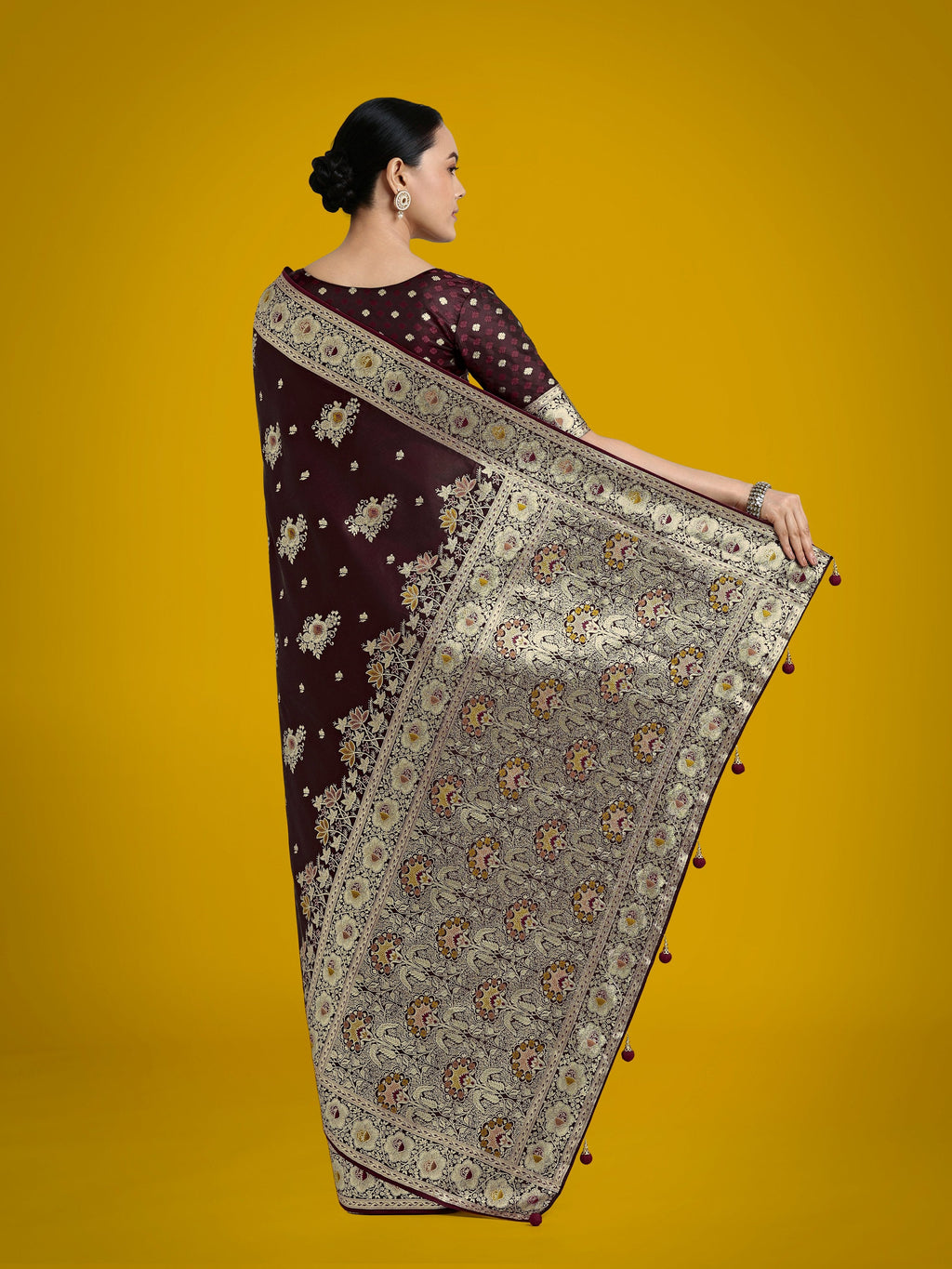Dark Maroon Banarasi Satin Silk Saree with Traditional Zari Work