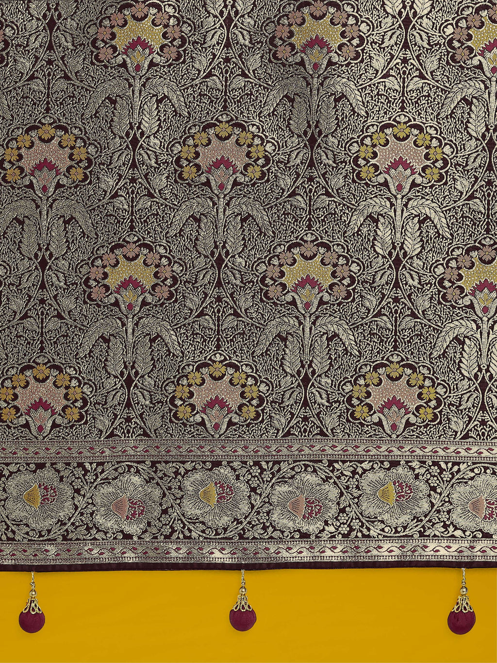 Dark Maroon Banarasi Satin Silk Saree with Traditional Zari Work