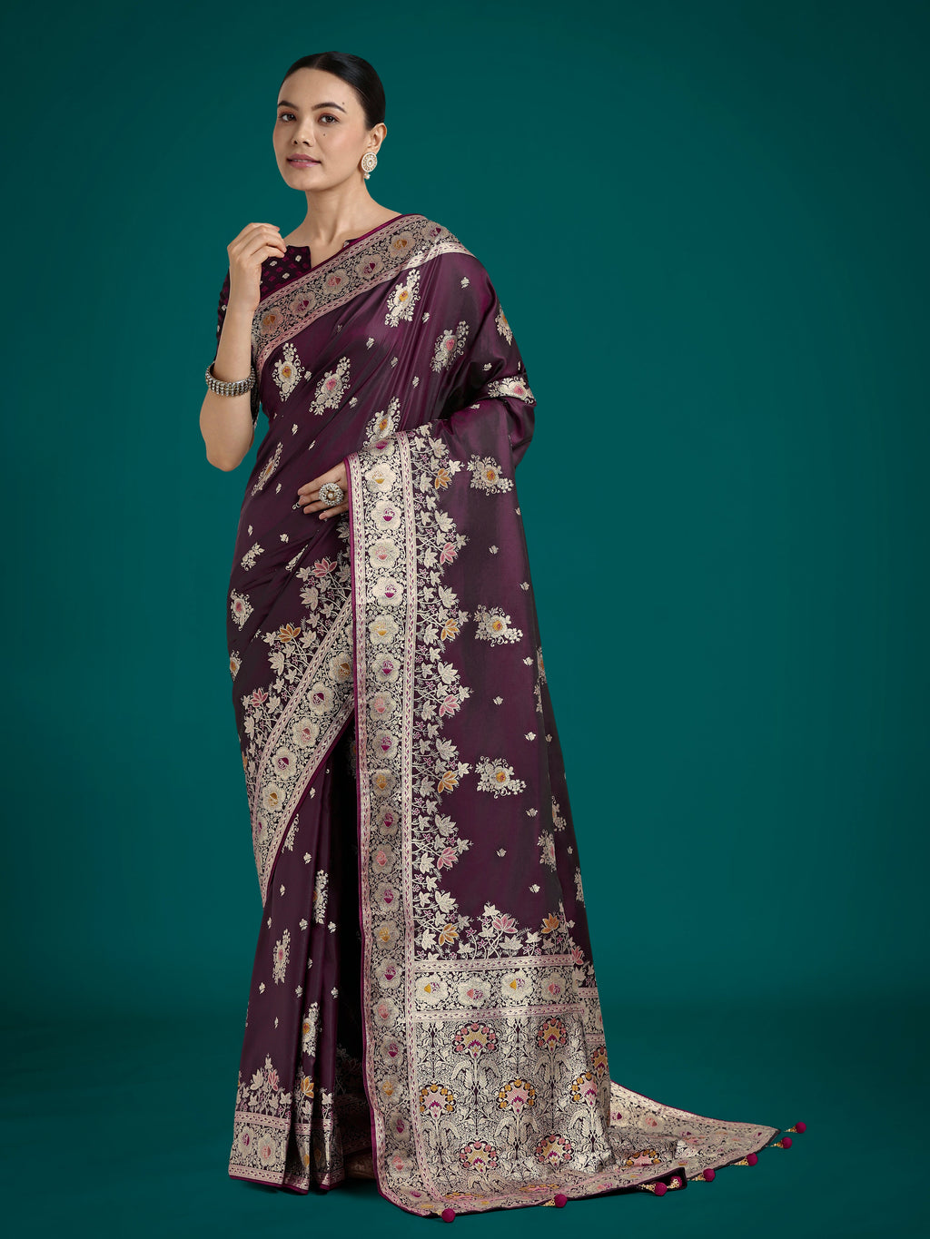 Dark Wine Banarasi Satin Silk Saree with Zari woven design